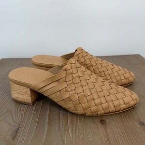 Liberté Tan Bondi Woven Leather Pointed Toe Mules Wooden Block Heel Womens 8